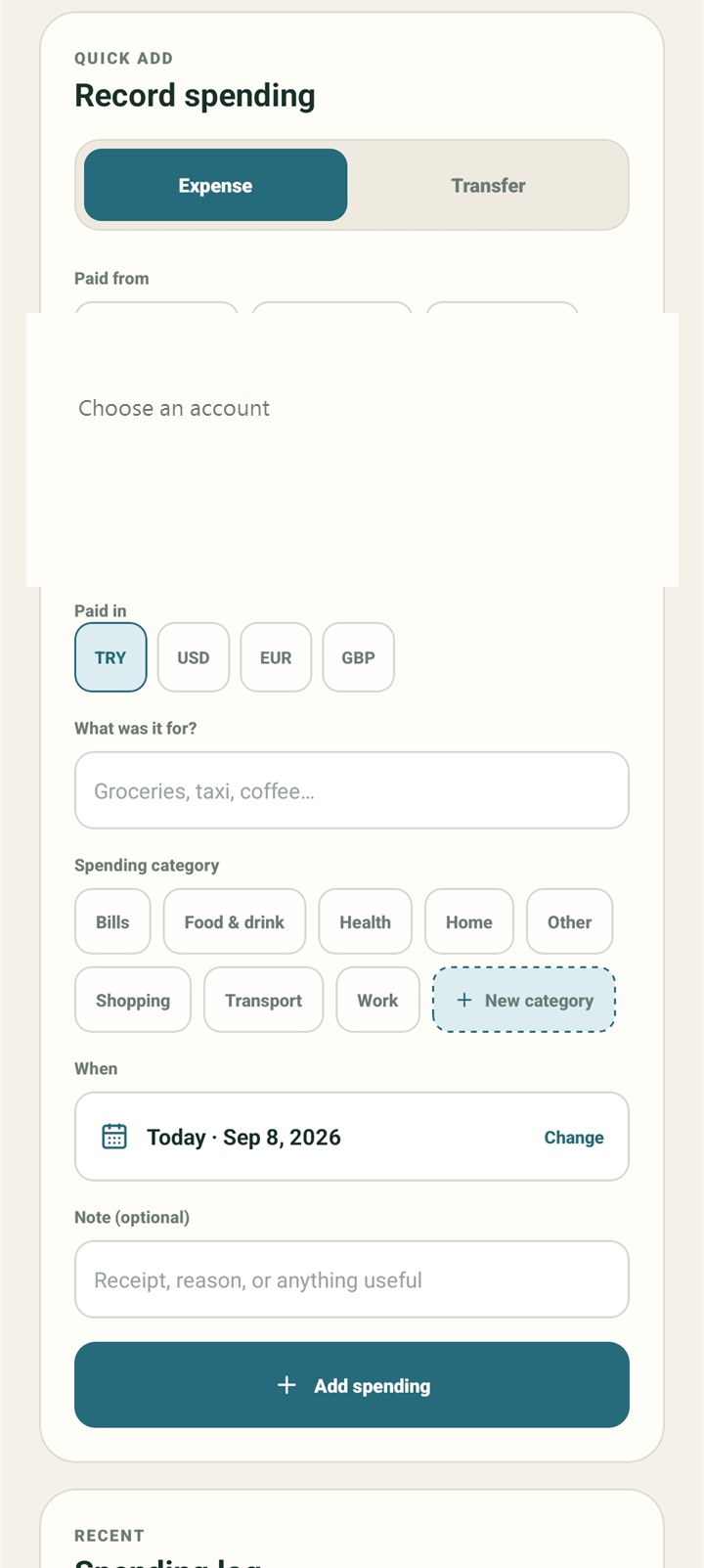Steady Money screen with accounts and spending