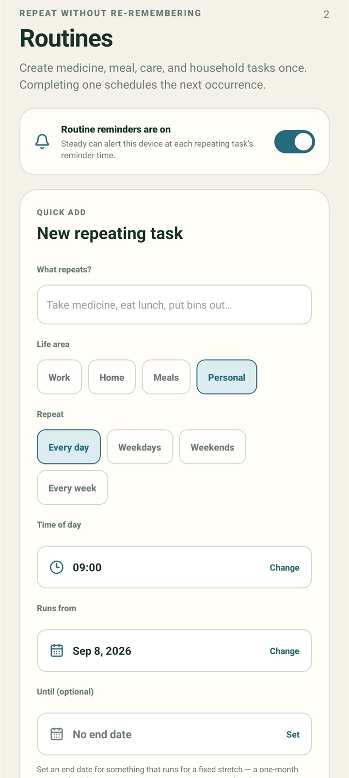 Steady Routines screen showing repeating tasks
